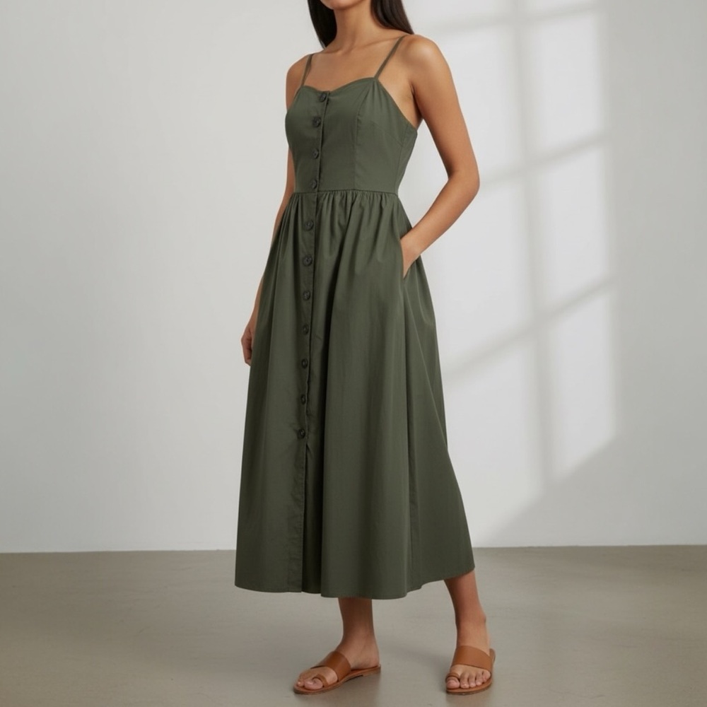Who What Wear | Womens 100% Cotton Army Green  Button Up Wide Hem Midi Dress | M - Picture 17 of 17